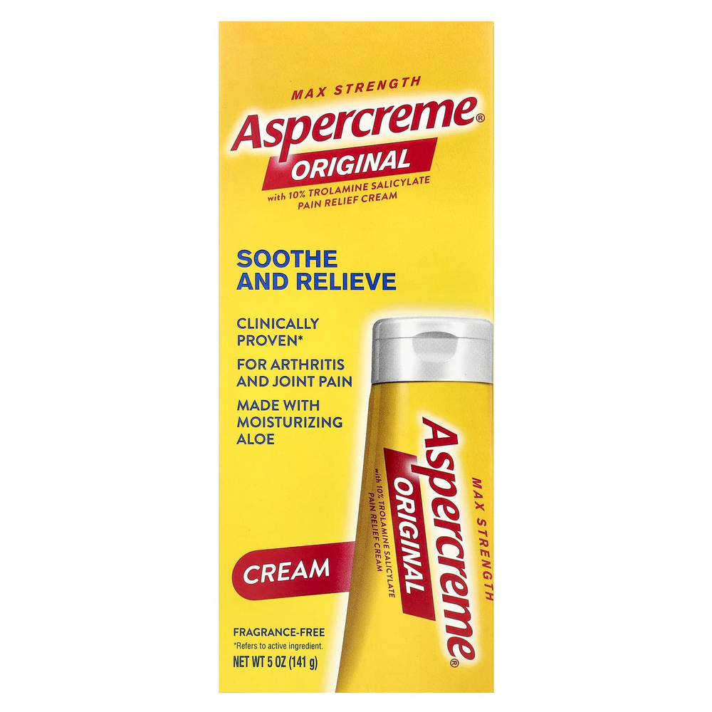 Aspercreme, Оригинальный обезболивающий крем с 10% салицилатом троламина, максимальная сила действия, без отдушек, 141 г (5 унций)