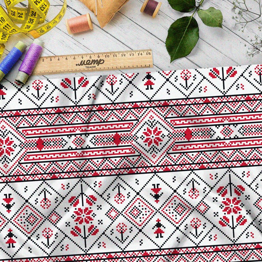 Ткань блэкаут мелкая славянская вышивка на полотенце
