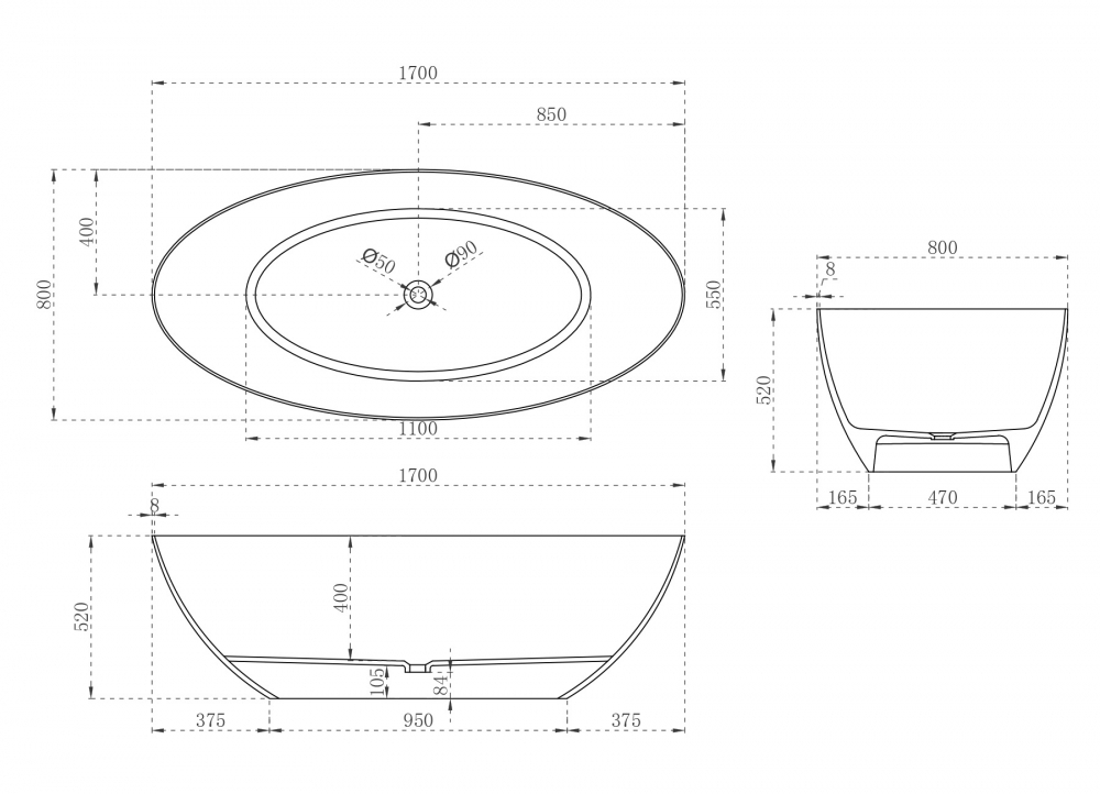 Ванна из искусственного камня ABBER Stein AS9625-1.7 белая матовая  170x80 см