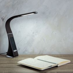 TLD-542 Brown-LED-300Lm-5000K-Dimmer Светильник настольный c часами. календарем. термометром. 5W. Сенсорный выключатель. Коричневый стилизован под кожу. TM Uniel.