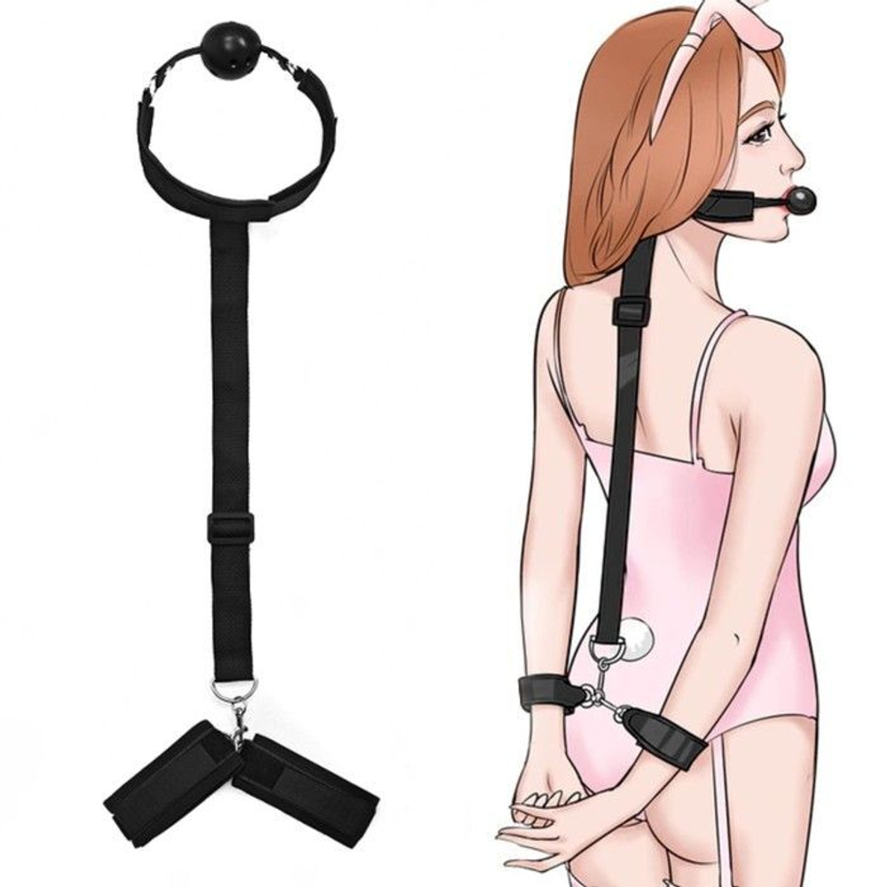 Черный кляп-шар с фиксацией рук за спиной (Цвет: черный)