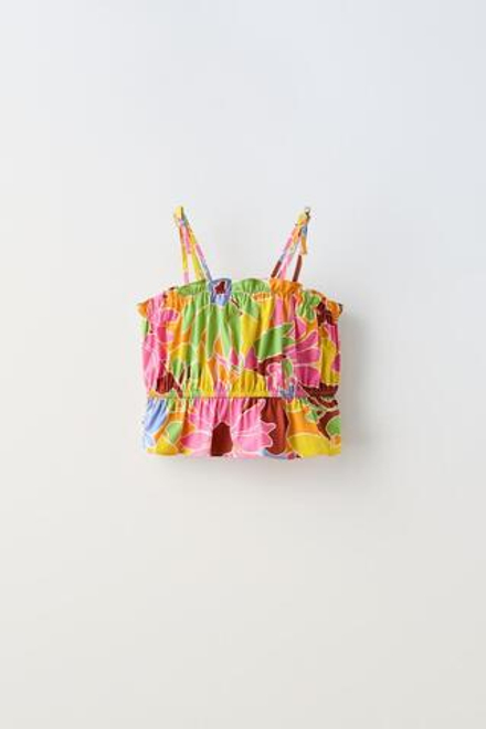 ZARA ТОП С ПРИНТОМ И ВОЛАНОМ, РАЗНОЦВЕТНЫЙ