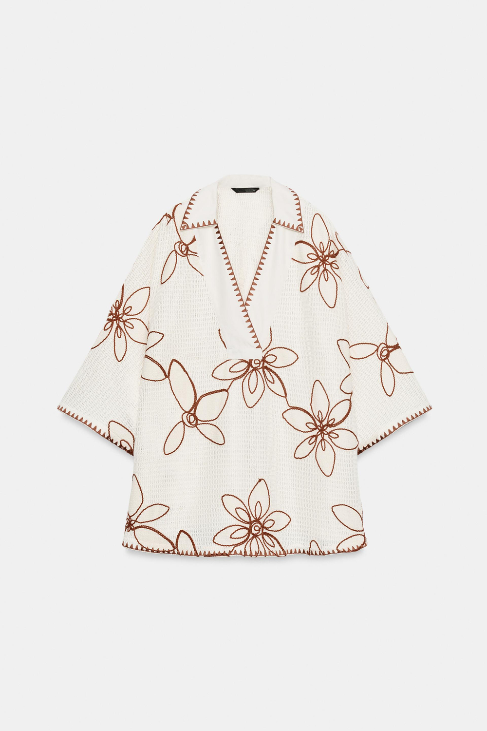 ZARA БЛУЗА-КАФТАН С ВЫШИВКОЙ, ЭКРЮ/КОРИЧНЕВЫЙ