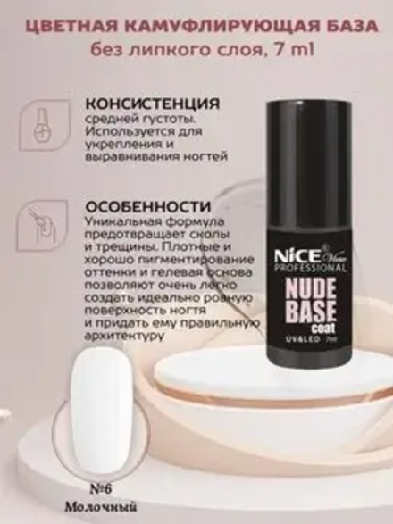 Nice View База для гель-лака Nude Base, цветная, камуфлирующая, тон №0006, Молочно-белый, 7 мл