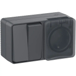 ATLASDESIGN PROFI IP54 О/У БЛОК: РОЗЕТКА с заземл. со шт., 16А, ВЫКЛЮЧАТЕЛЬ 2-клав., 10АХ, АНТРАЦИТ