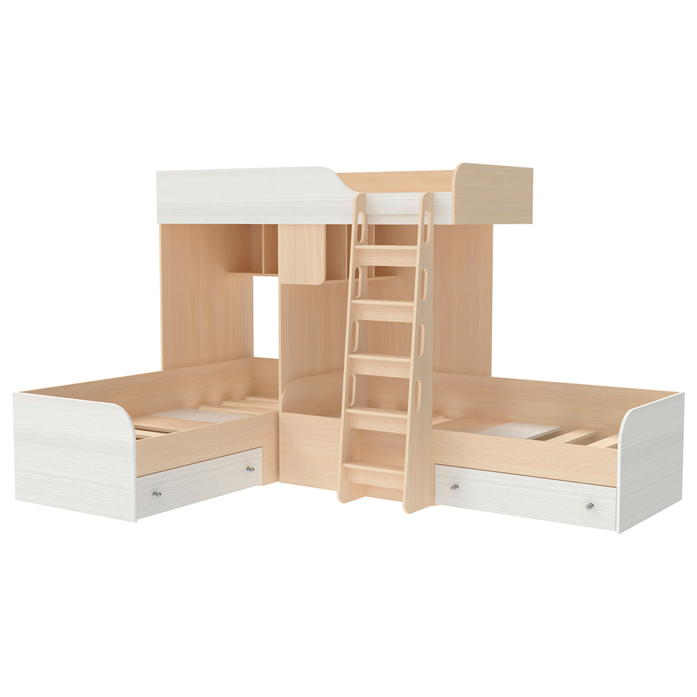 Кровать-чердак КарИВи Трио  Дуб Молочный Белое Дерево
