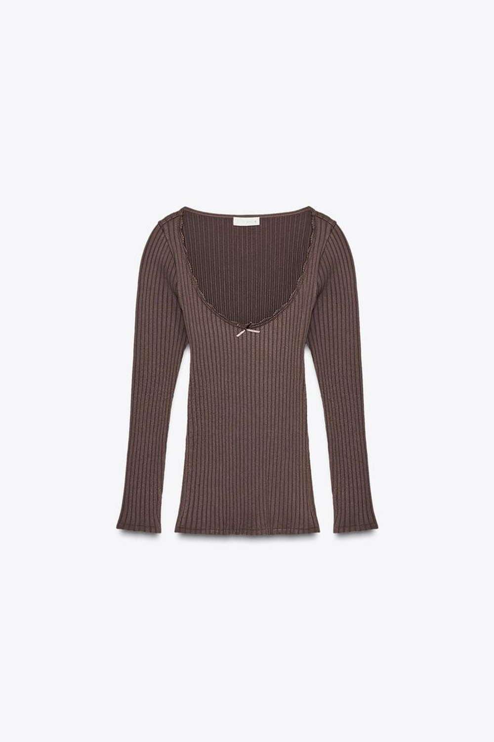 ZARA БЕСШОВНЫЙ ТОП В РУБЧИК С БАНТОМ, ШОКОЛАДНЫЙ