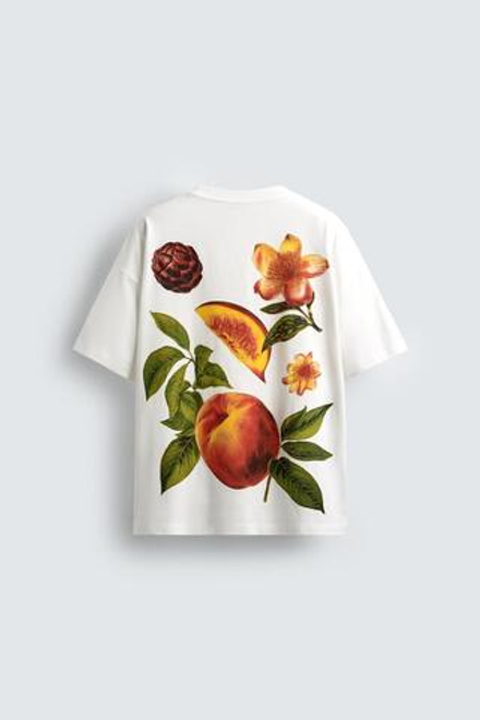 ZARA ФУТБОЛКА С ПРИНТОМ «ПЕРСИК», БЕЛЫЙ