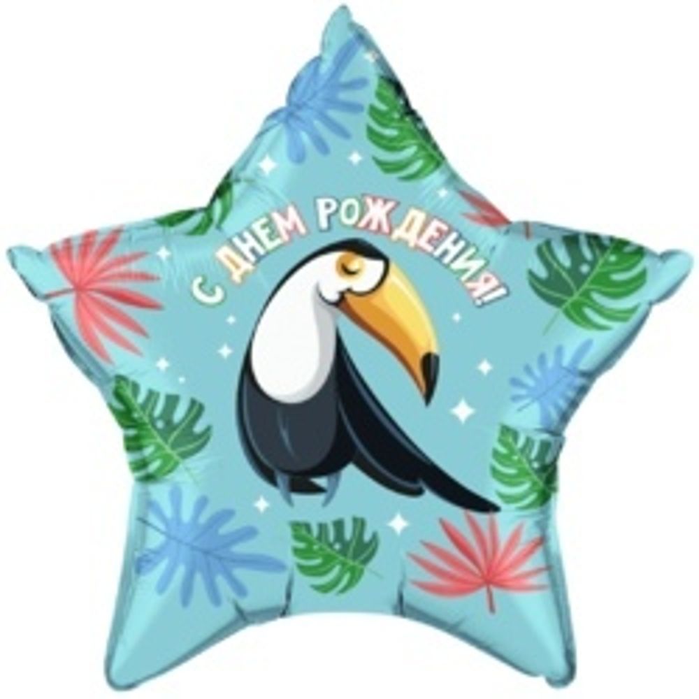 Шар (21"/53 см) Звезда, С Днем Рождения! (милый тукан), Бирюзовый 1 шт.