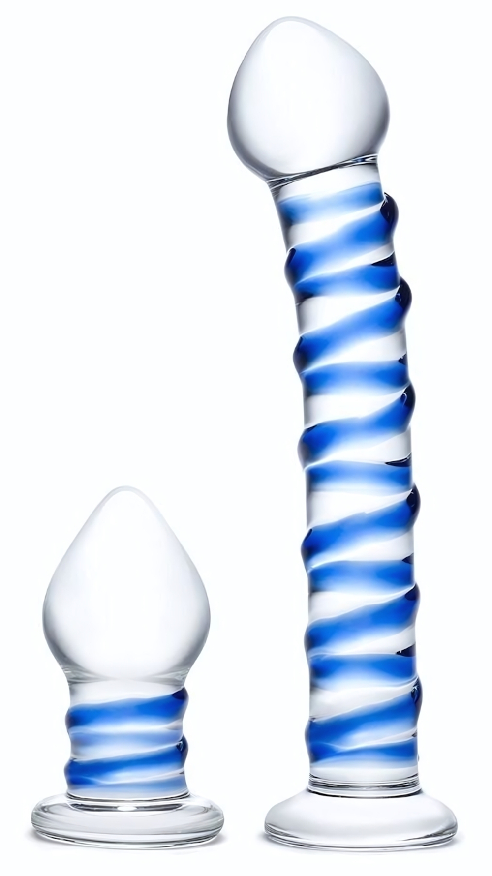 Набор из 2 стеклянных игрушек с синей спиралью Swirly Dildo & Buttplug Set (Цвет: прозрачный)