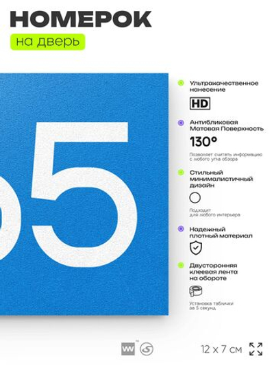 Номер на дверь 265, табличка на дверь для офиса, квартиры, кабинета, аудитории, склада, голубая 120х70 мм, Айдентика Технолоджи