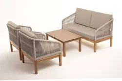 "Канны" лаунж-зона 4-местная из роупа со столиком "Канны" цвета "дуб", основание дуб, роуп бежевый