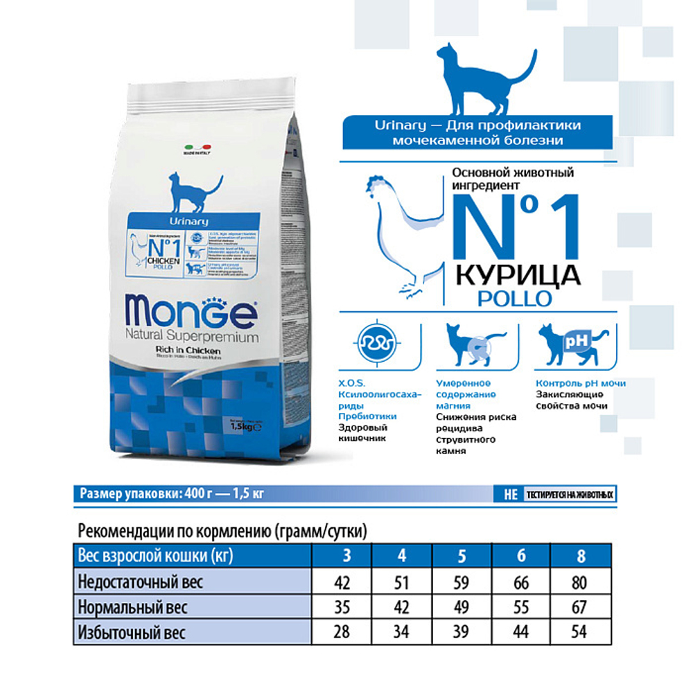 Сухой корм для кошек для профилактики МКБ с курицей Monge Cat Daily Line Urinary 1,5кг