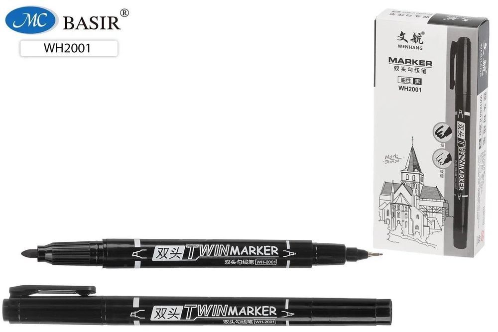 Маркер для CD/DVD 2х сторон. черный с од. стор.-острый нак-1,0мм., с друг-супертон.-0,5мм. (Basir)