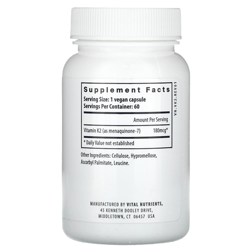 Vital Nutrients, Витамин K2-7, 60 веганских капсул (180 мкг в капсуле)