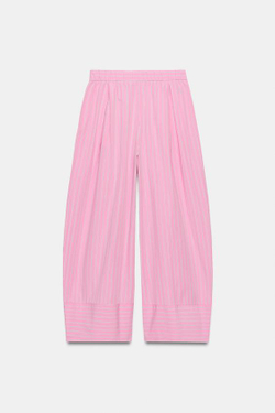 ZARA ШИРОКИЕ БРЮКИ ИЗ ПОПЛИНА, РОЗОВЫЙ/БЕЛЫЙ
