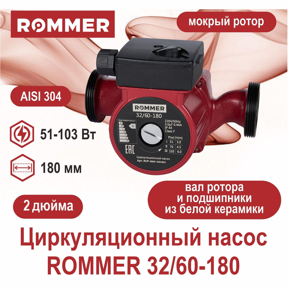 Насос циркуляционный ROMMER 32-60-180 с гайками (RCP-0002-3261801)