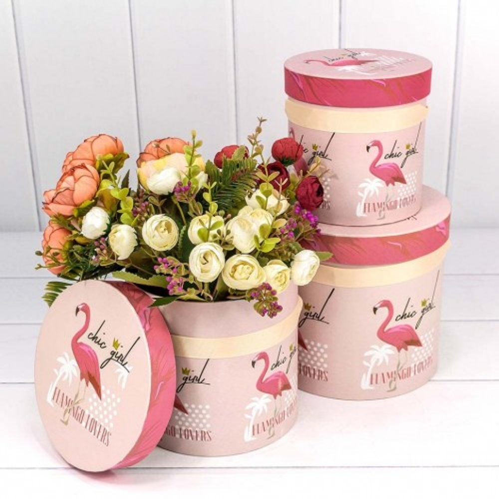 Коробка 18х17 см Набор 3 шт "Фламинго на розовом фоне" (Розовый)