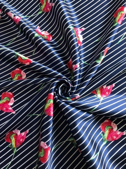 Атлас принт полоска синий/белый, спандекс SATIN D1аС1