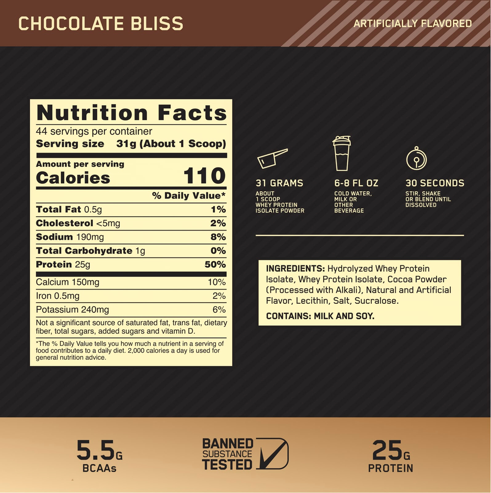 Optimum Nutrition, Gold Standard, 100% изолят, Chocolate Bliss, 1,36 кг (3 фунта)