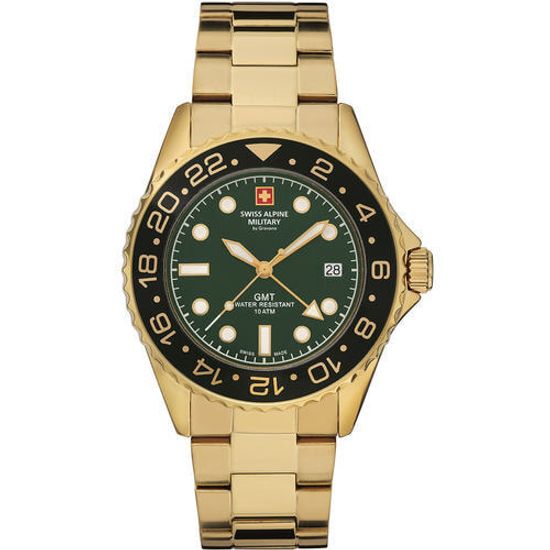 С браслетом Мужские наручные часы с золотым браслетом Swiss Alpine Military 7052.1114 mens watch GMT 42mm 10ATM