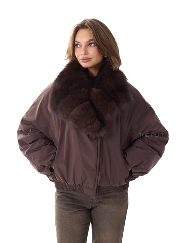 Шоколадная парка с меховым воротником-стойкой