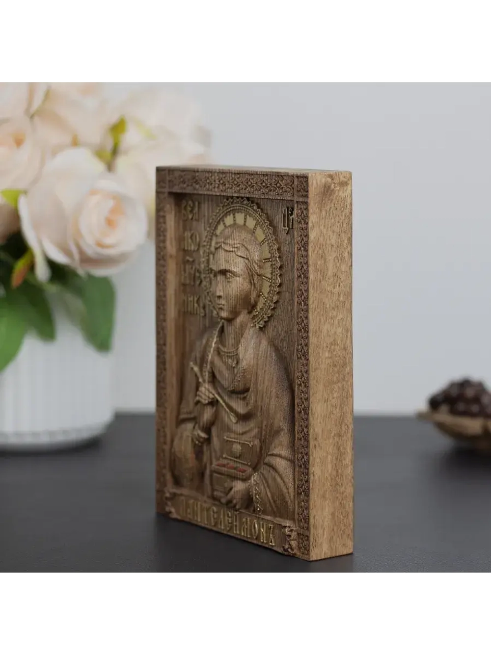 Пантелеймон Целитель икона деревянная резная, ясень