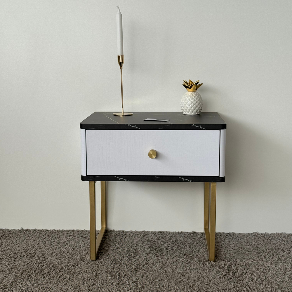 Тумба прикроватная на ножках ROYAL 5301 эко (Мрамор Неро-Золото-р.золото)