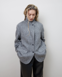 Пальто-жакет из шерсти елочка серый