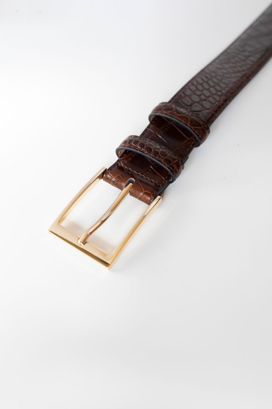 Классический ремень из кожи с тиснением под крокодила, 35 мм, темно-коричневый