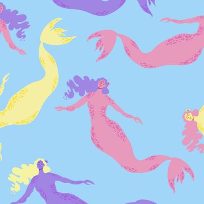 Весёлые разноцветные русалки на голубом фоне. Cheerful colorful mermaids
