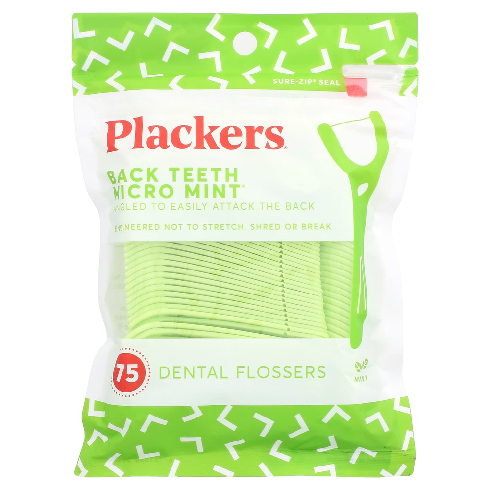 Plackers, Micro Mint, зубочистки с нитью для задних зубов, мята, 75 шт.