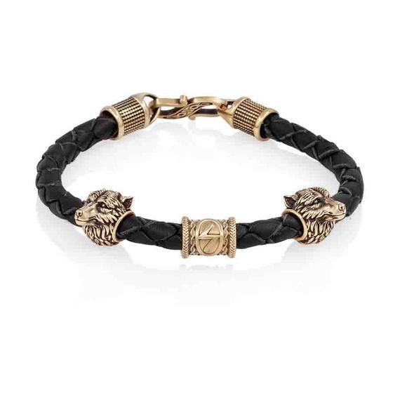 Браслет гайтан черный 5 мм с руной Соулу и двумя шармами Волк Бронза, фото 1