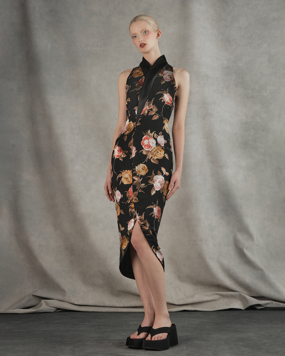 Платье миди из шифона-деворе и сатина