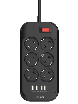LDNIO удлинитель сетевой фильтр с умной зарядкой, 2500 Вт, модель SE6403, 2 метра, 4 USB, тройник разветвитель с заземлением и выключателем, черный