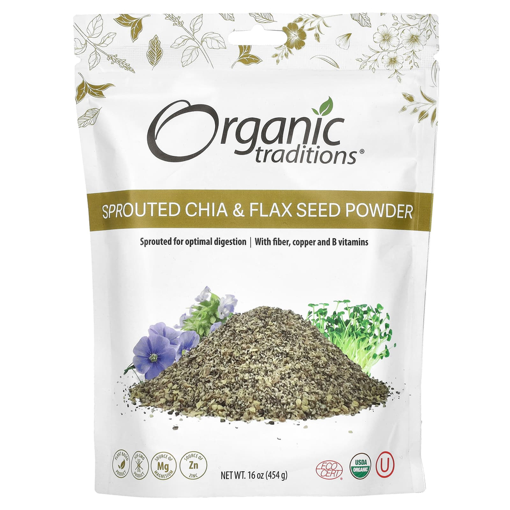 Organic Traditions, Порошок из проросших семян чиа и льна, 16 унций (454 г)