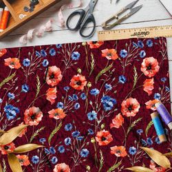 Ткань атлас маки и васильки на бордовом фоне