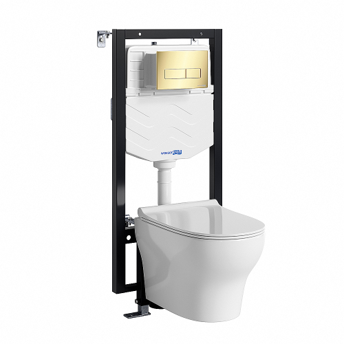 Унитаз подвесной WasserKRAFT Berkel 56TLT.010.ME.PG03.H001 безободковый, с инсталляцией Vils 56, с крышкой микролифт, белый/кнопка золото глянцевое