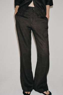 ZARA РАСКЛЕШЕННЫЕ БРЮКИ ИЗ ЛЬНА — ZW COLLECTION, СЕРО-КОРИЧНЕВЫЙ