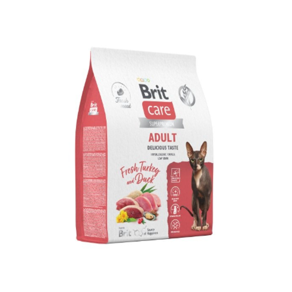 Сухой корм для взрослых привередливых кошек с уткой и индейкой Cat Adult Delicious Taste BRIT CARE 7кг