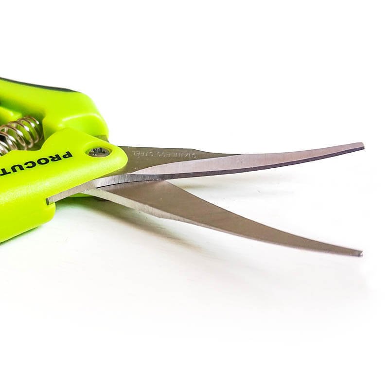 Крупный план изогнутых лезвий ножниц procut curved blades, демонстрирующий изгиб по плоскости и надпись "stainless steel"