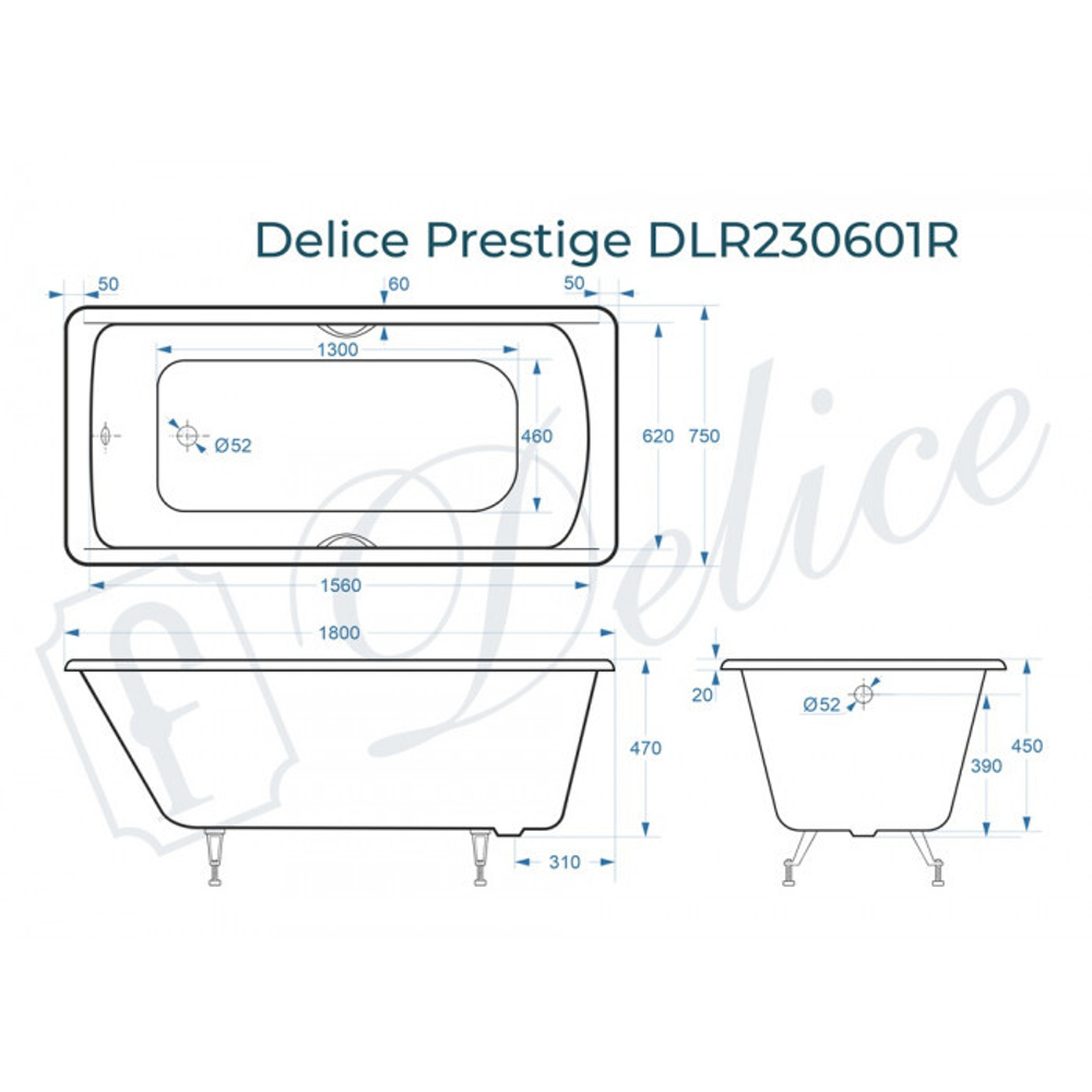 Ванна чугунная Delice Prestige 180х75 с отверстиями под ручки DLR230601R