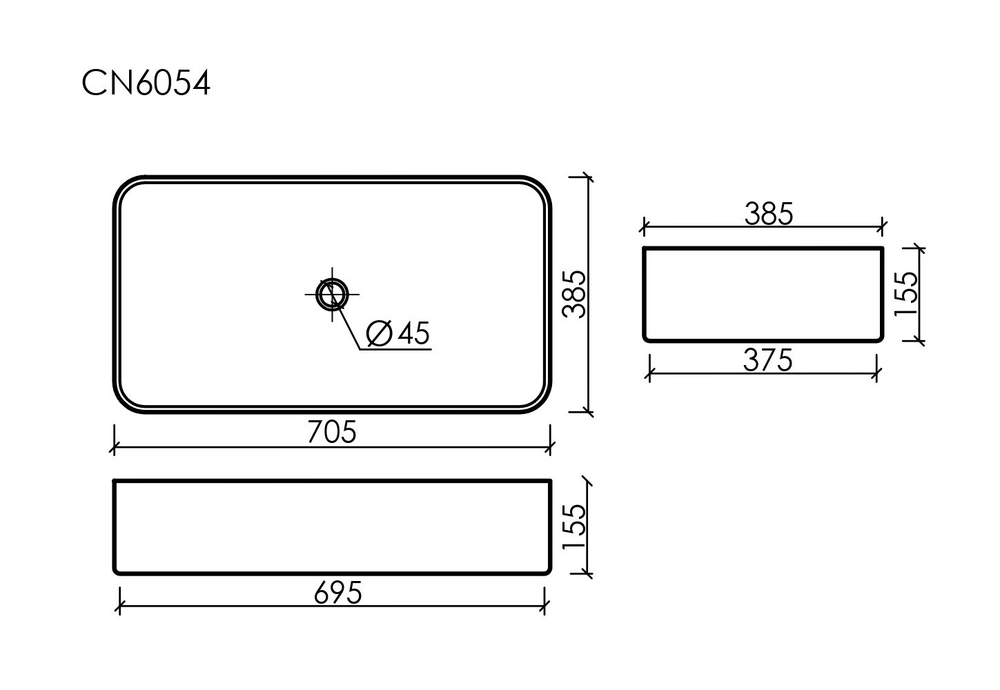 Умывальник чаша накладная прямоугольная Element 705x380x150мм
