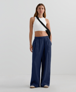 OYSHO Широкие прямые брюки из 100% льна с перекрестным кроем спереди, военно-морской