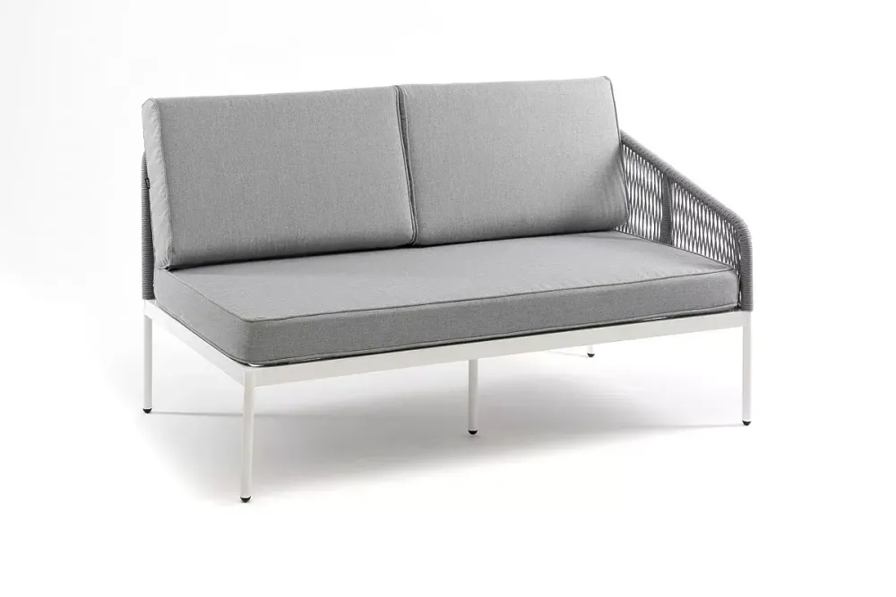 "Канны" левый модуль плетеный из роупа, каркас алюминий белый шагрень, роуп светло-серый круглый, ткань светло-серая