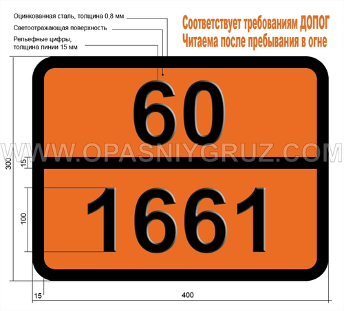 Табличка Опасный груз 60-1661 НИТРОАНИЛИНЫ (о-м-п-)