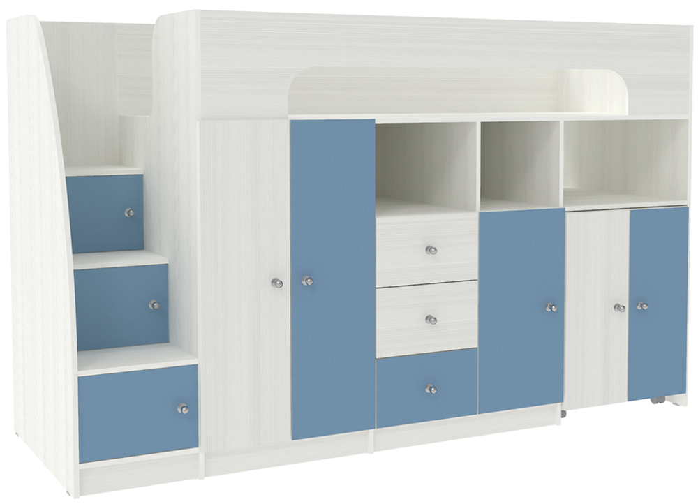 Кровать-чердак КарИВи Астра 11 Белое Дерево Светло-синий, голубой