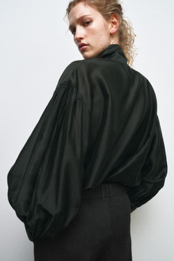 ZARA АТЛАСНАЯ РУБАШКА С ПЛАТКОМ — ZW COLLECTION, ЗЕЛЕНЫЙ