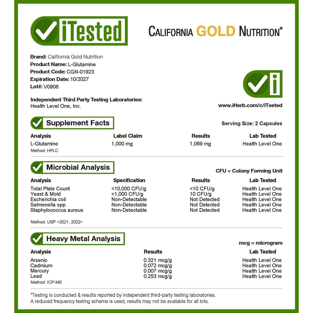 California Gold Nutrition, AjiPure, L-глютамин, 120 растительных капсул (500 мг в 1 капсуле)