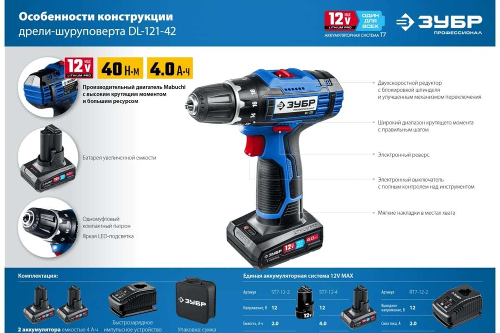 Дрель-шуруповерт ЗУБР Профессионал 12 В, 2 АКБ, в сумке DL-121-42